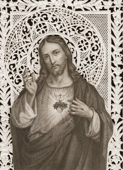 Carte en dentelle représentant le Sacré-Cœur de Jésus, 19ème siècle - French School