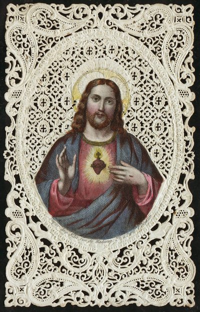Carte en dentelle représentant le Sacré-Cœur de Jésus, 19ème siècle - French School