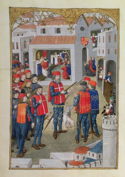 Lat 6067 fol.33v Les chevaliers de Saint-Jean de Jérusalem se préparent à défendre Rhodes, de Une histoire du siège de Rhodes, par Guillaume Caoursin, 1483 - French School