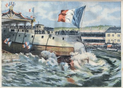 Lancement du cuirassé « République » à Brest, France. Gravure dans « Le Petit Parisien » - French School