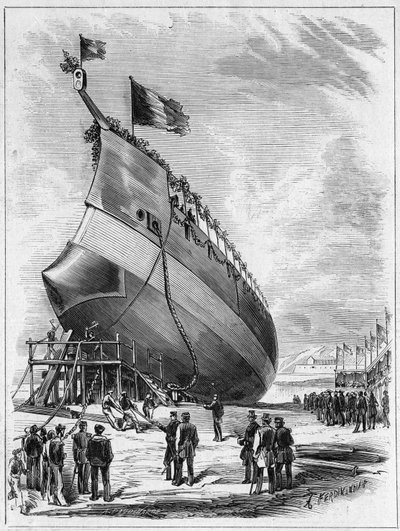 Lancement du navire cuirassé « La Galissonnière », 7 mai 1872 dans le port de Brest, Finistère (29). Gravure dans « Le Monde Illustré » n°789 du 25 mai 1872 - French School