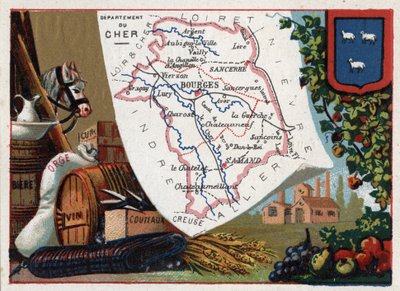 Le Cher (18), Centre, France. Série sur les départements français. Bière, orge, cuir, vin et couteaux. Chromolithographie « le fil géographique », vers 1920. Collection privée. - French School