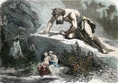 Le Cyclope Polyphème surprenant Galatée et Acis - French School