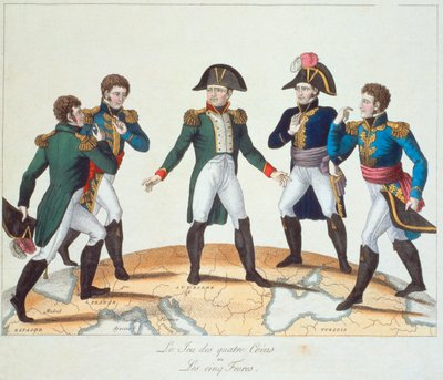 Le Jeu des Quatre Coins ou Les Cinq Frères, caricature bonapartiste représentant Napoléon et ses frères, 1808 - French School