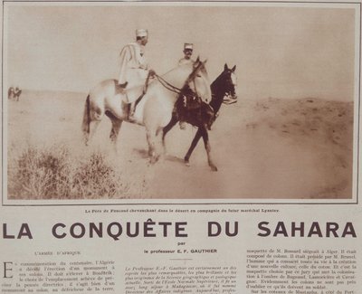 Le Père Charles de Foucauld (1858-1916) chevauchant dans le désert avec le futur maréchal Hubert Lyautey (1854-1934) - dans « Vu », décembre 1929 - French School