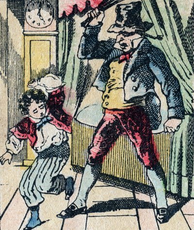 Le Père Fouettard, personnage légendaire du folklore, punissant les enfants désobéissants avec son fouet, et enfermant les enfants désobéissants, image d