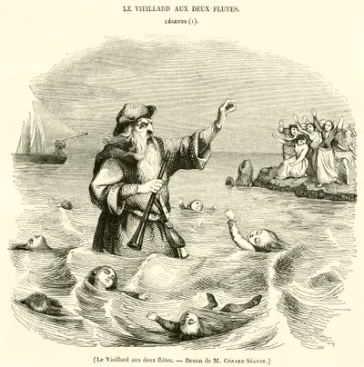 Le Vieillard aux deux flutes (engraving) - French School