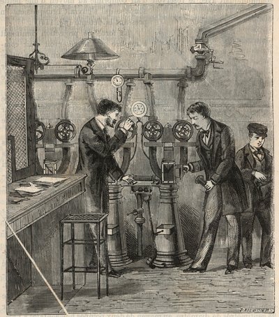 Le bureau de la poste pneumatique à Paris - Poste pneumatique ou courrier pneumatique à Paris - Gravure dans « Sciences mises à la portée de tous - physique et chimie populaires » par Alexis Clerc - Fin 19ème siècle - Collection privée - French School
