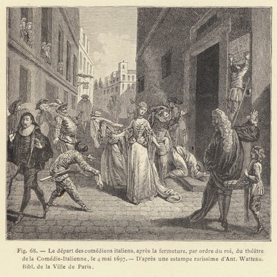 Le départ des comédiens italiens, après la fermeture, par ordre du roi, du théâtre de la Comédie-Italienne, le 4 mai 1697 - French School