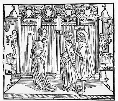 Le théâtre au Moyen Âge: trois personnages sur scène - gravure par Térence de Jean Trechsel, éd. à Lyon - French School