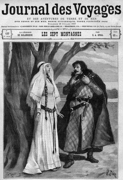 Légende de Rolandseck : Hildegonde apprend la mort de Roland, son fiancé, et reste muette de douleur. Adaptation allemande de la « Chanson de Roland ». Gravure dans « Journal des Voyages » du 16 juillet. - French School