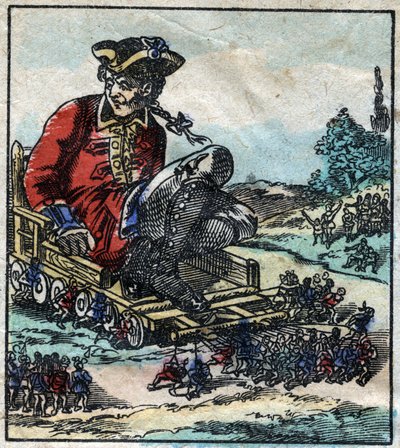 Lemuel Gulliver, prisonnier, est transporté sur une charrette tirée par les Lilliputiens. Illustration pour "Les Voyages de Gulliver" de Jonathan Swift (1667-1745). Imagerie d