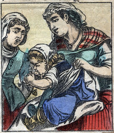 Lemuel Gulliver au Pays des Géants de Brobdingnag. Illustration pour "Les Voyages de Gulliver" de Jonathan Swift (1667-1745). Imagerie d