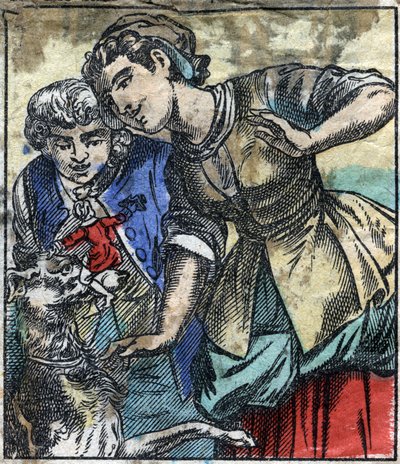 Lemuel Gulliver au pays des géants de Brobdingnag. Illustration pour "Les Voyages de Gulliver" de Jonathan Swift (1667-1745). Imagerie d