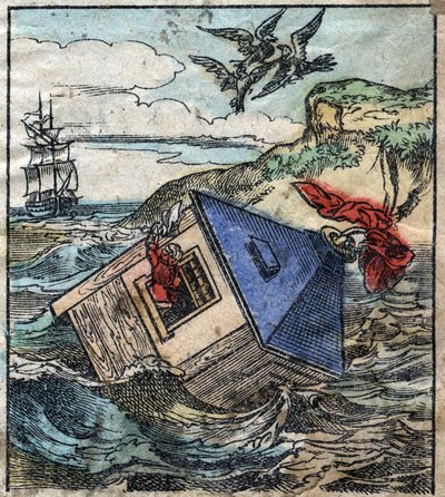 Lemuel Gulliver dans sa maison au pays des géants de Brobdingnag. Illustration pour « Les Voyages de Gulliver » de Jonathan Swift (1667-1745). Imagerie d