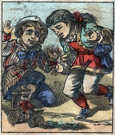 Lemuel Gulliver est utilisé comme jouet par les enfants géants de Brobdingnag. Illustration pour "Les Voyages de Gulliver" de Jonathan Swift (1667-1745). Imagerie d