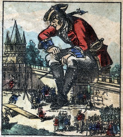 Lemuel Gulliver assis sur le mur de fortification de la ville explique la stratégie à l