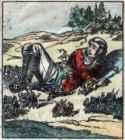 Lemuel Gulliver se réveille après son naufrage et est fait prisonnier par les Lilliputiens. Illustration pour « Les Voyages de Gulliver » de Jonathan Swift (1667-1745). Imagerie d