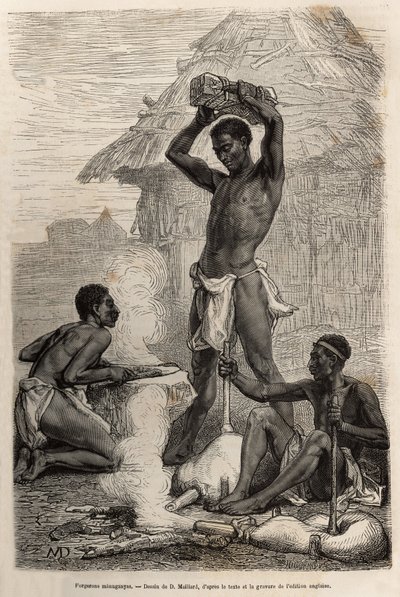 Les forgerons mannganyas, dans un village le long du fleuve Loualaba (actuel fleuve Congo), gravure d