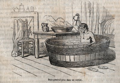Les gestes du bain - Hygiène au 19ème siècle - bain dans un bol - gravure dans « La Santé Universelle - Guide Médical des Familles » 1852 - French School