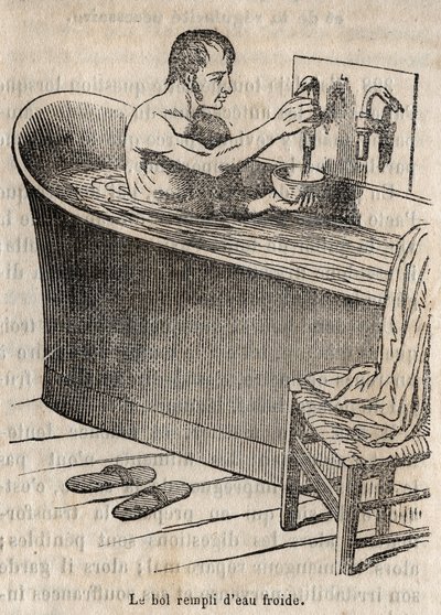 Les gestes du bain - Hygiène au 19ème siècle - homme dans une baignoire - gravure dans « La Santé Universelle - Guide Médical des Familles » 1852 - French School