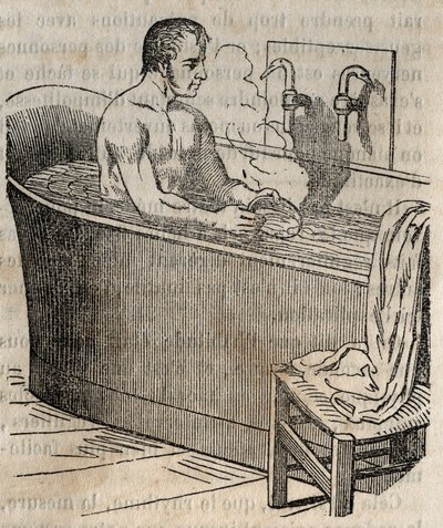 Les gestes du bain - Hygiène au 19ème siècle - homme dans une baignoire - gravure dans « La Santé Universelle - Guide Médical des Familles » 1852 - French School