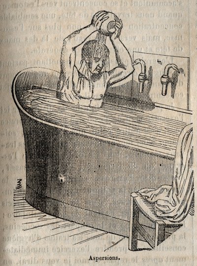 Les gestes du bain - Hygiène au 19ème siècle - homme dans une baignoire - gravure dans "La Santé Universelle - Guide Médical des Familles" 1852 - French School