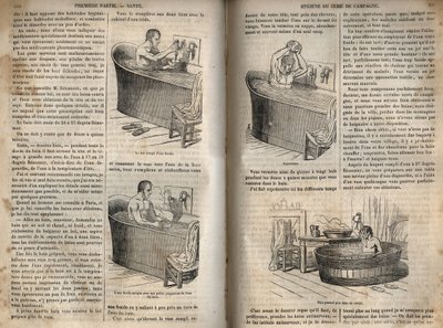 Les gestes du bain - Hygiène au 19e siècle - homme dans une baignoire - gravure dans « La Santé Universelle - Guide Médical des Familles » 1852 - French School