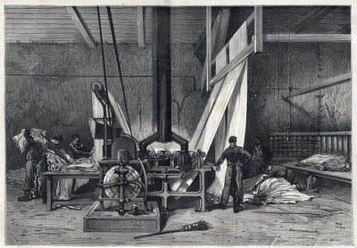 Les grandes usines - Teinture érie Boutarel à Clichy la Garenne - Le maillage des étoffes - gravure de 1869 - French School
