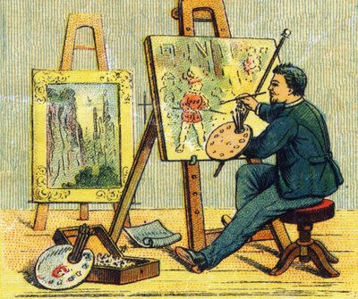 Lettre A : peintre dans son atelier. Gravure dans "ABC indéchirable sur toile vernie". A. Capendu, éditeur, Paris, fin du XIXe siècle. Librairie pour enfants illustrée. 8 pages. Dim : 21,5x18cm. - French School