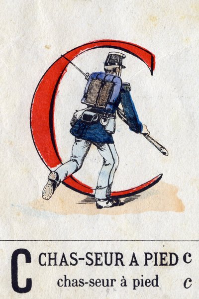 Lettre C comme Chasseur à pied. Alphabet militaire (ABC ou abécédaire). Imagerie d