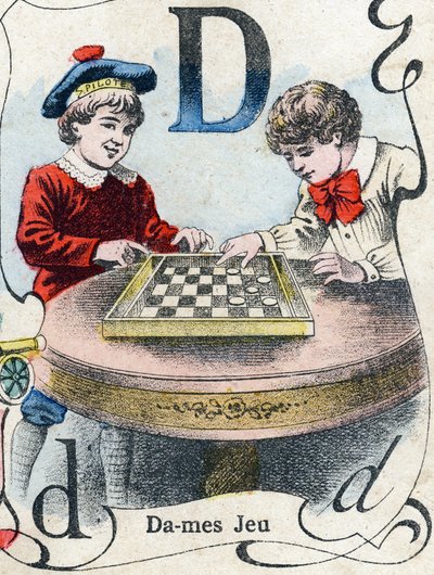 Lettre D : Jeu de dames. Gravure dans "ABC des jouets pour petits garçons". Imagerie de Pont-à-Mousson, Louis Vagne, imprimeur-éditeur, fin XIXe siècle. - French School