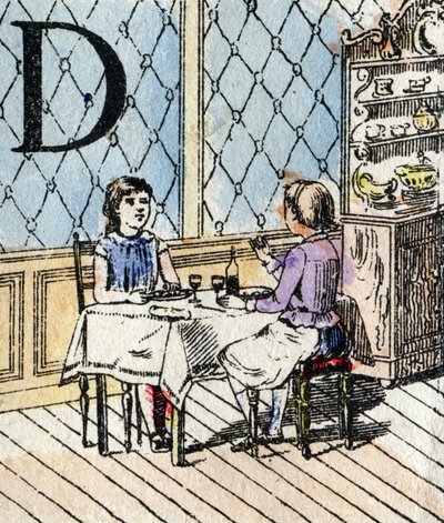 Lettre D, fille jouant à la dînette. ABC des petites filles. Imagerie d