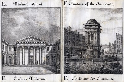 Lettre E et F: École de Médecine et la Fontaine des Innocents - "Alphabet Pittoresque des Monuments de Paris" vers 1840 (gravure) - French School