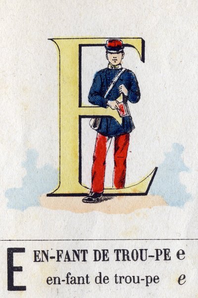 Lettre E comme Enfant de troupe. Alphabet militaire. Imagerie d