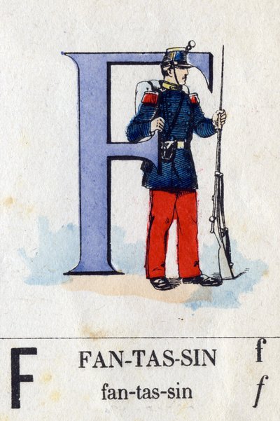 Lettre F comme fantassin. Alphabet militaire. Imagerie d