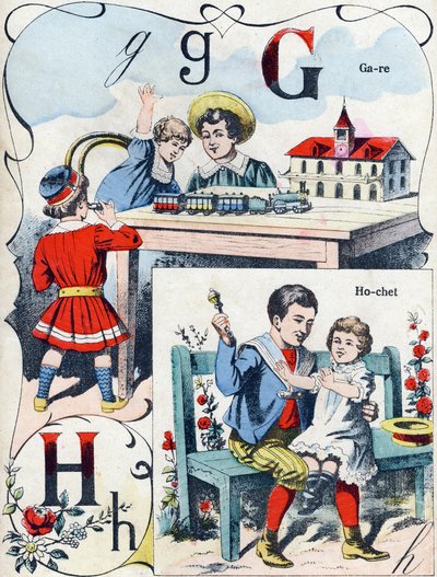 Lettre G H : gare et hochet. Gravure dans "ABC des jouets pour petits garçons". Imagerie de Pont-à-Mousson, Louis Vagne, imprimeur-éditeur, fin XIXe siècle. - French School