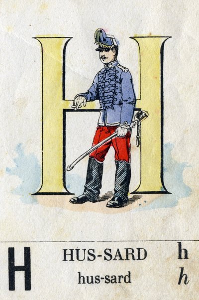 Lettre H comme Hussard. Alphabet militaire. Imagerie d