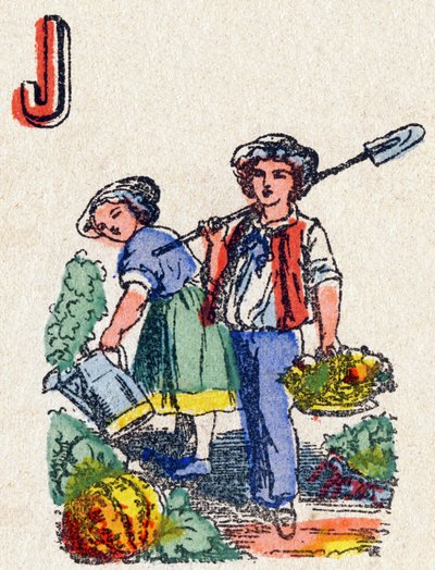 Lettre J : Jardiniers. Gravure dans "Alphabet des jeux". M. Vagne, éditeur, Pont-à-Mousson, fin XIXe siècle. Série rose. - French School