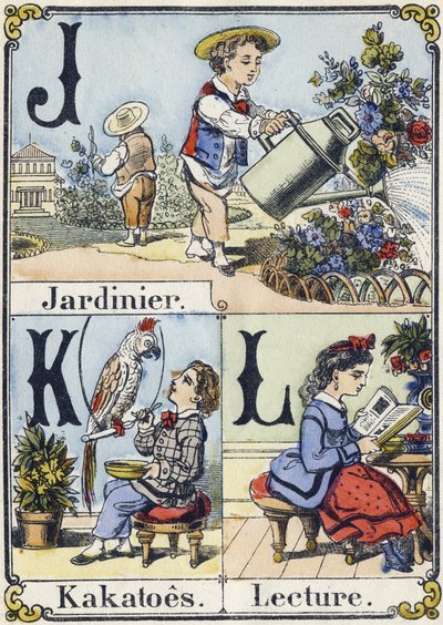 Lettres J, K et L : jardinier, cacatoès et lecture. Alphabet récréatif. Imagerie d