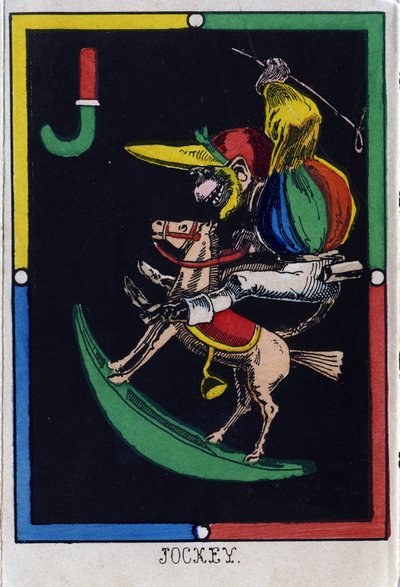 Lettre J comme jockey (singe sur un cheval à bascule). Alphabet des singes. Gravure sur bois. Imagerie d