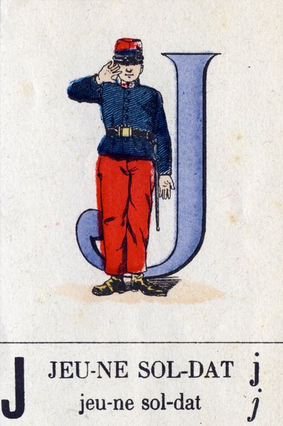 Lettre J en jeune soldat. Alphabet militaire. Imagerie d