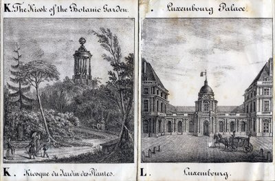 Lettre K Kiosque du Jardin des Plantes et L Palais du Luxembourg - "Alphabet Pittoresque des Monuments de Paris" vers 1840 (gravure) - French School