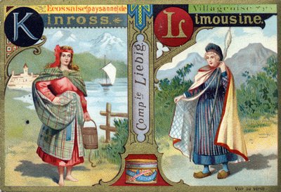Lettre K : Écossaise de Kinross et L comme Villageoise limousine. Alphabet des femmes. Série de 12 images. Publicité Liebig - French School