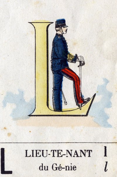Lettre L comme lieutenant. Alphabet militaire. Imagerie d