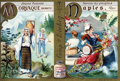 Lettre M comme Jeune Femme Morlac et N comme Femme du Peuple à Naples. Alphabet des femmes. Série de 12 images. Publicité Liebig - French School