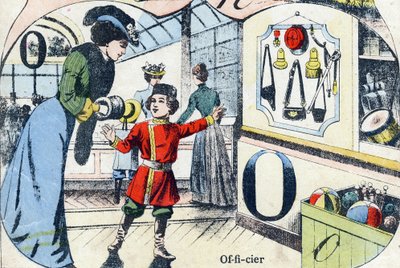 Lettre O : Officier. Gravure dans "ABC des jouets pour petits garçons". Imagerie de Pont-à-Mousson, Louis Vagne, imprimeur-éditeur, fin XIXe siècle. - French School
