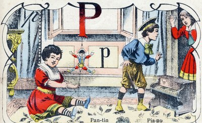 Lettre P : Pantin Piano. Gravure dans "ABC des jouets pour petits garçons". Imagerie de Pont-à-Mousson, Louis Vagne, imprimeur-éditeur, fin XIXe siècle. - French School