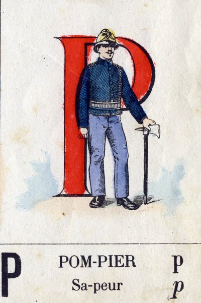 Lettre P comme pompier. Alphabet militaire. Imagerie d