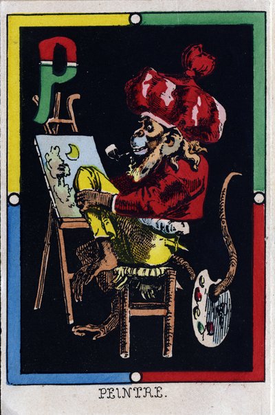Lettre P comme peintre. Alphabet des singes. Gravure sur bois. Imagerie d